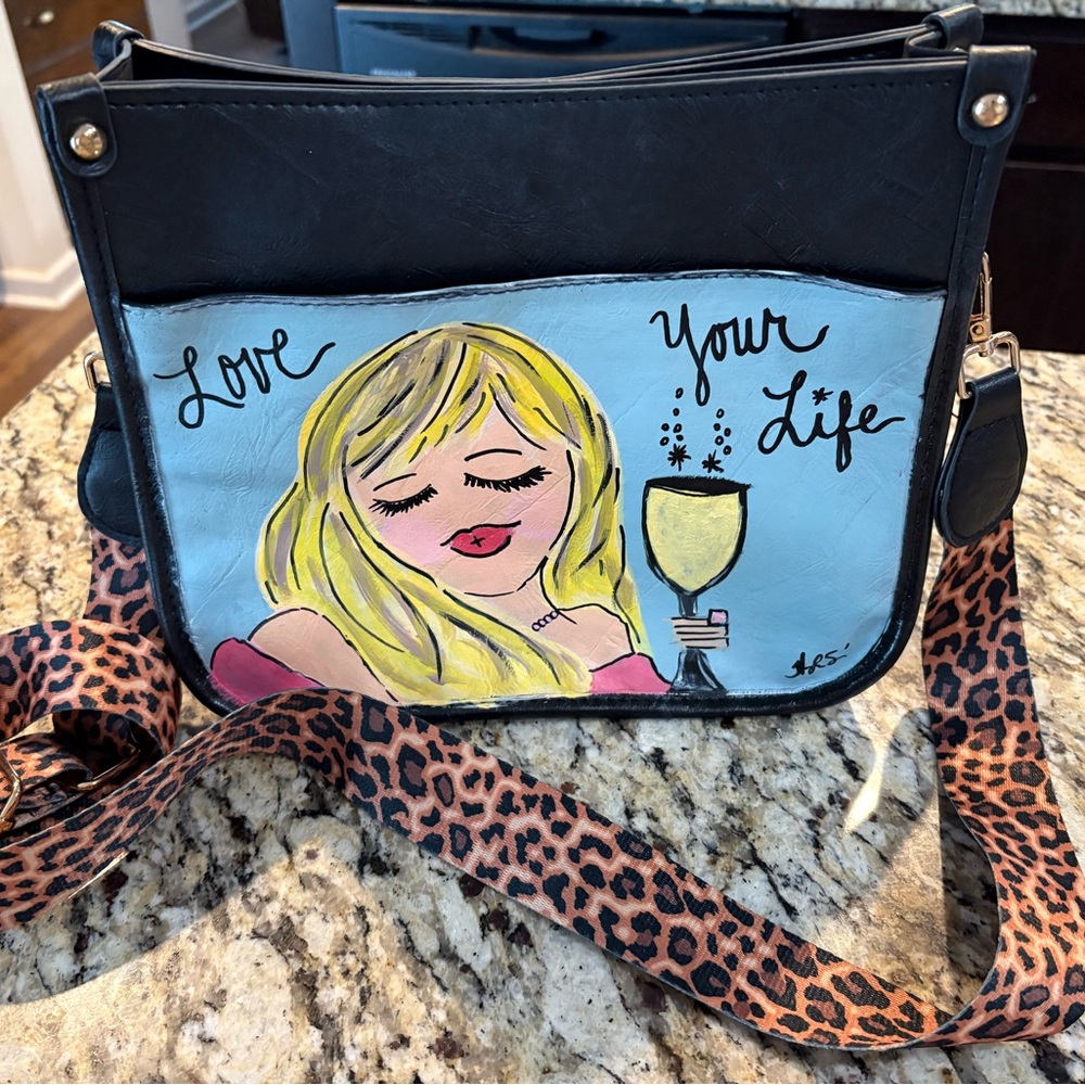 Stylish Black and Blue Women's Bag with Artistic Design